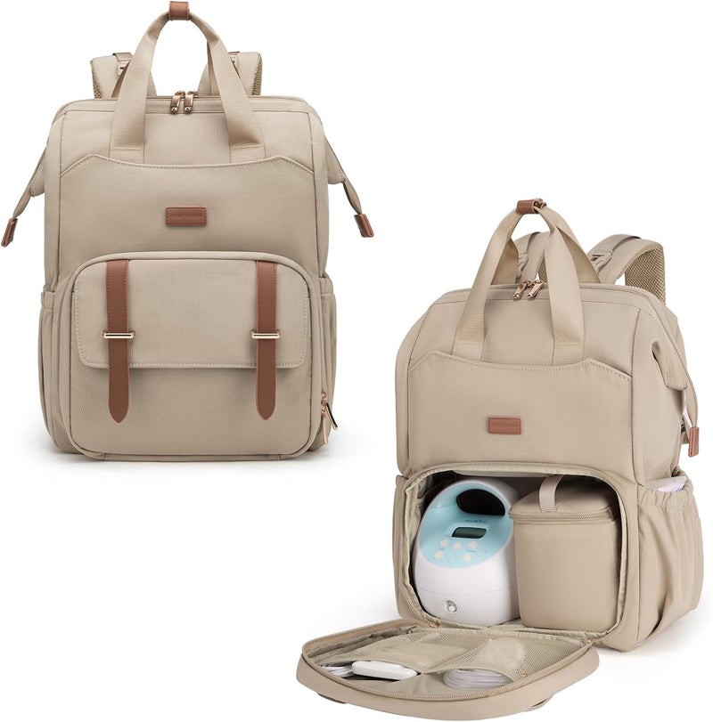 MOMMORE Diaper Bag Backpack, Breast Pump Backpack for Spectra S1,S2 Medela Pumping Backpack for Working Moms with 15.6 inch Laptop Sleeve, Champagne - Image 1